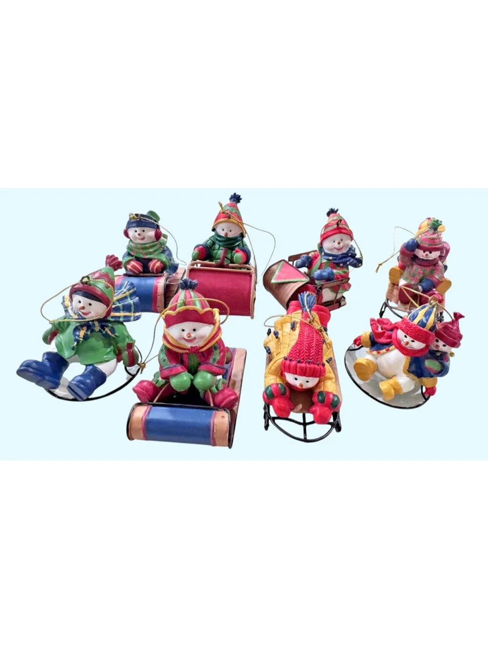Set of 7 Snowmen on Sleds in Snow Vintage Ornaments Christmas WMG 2003